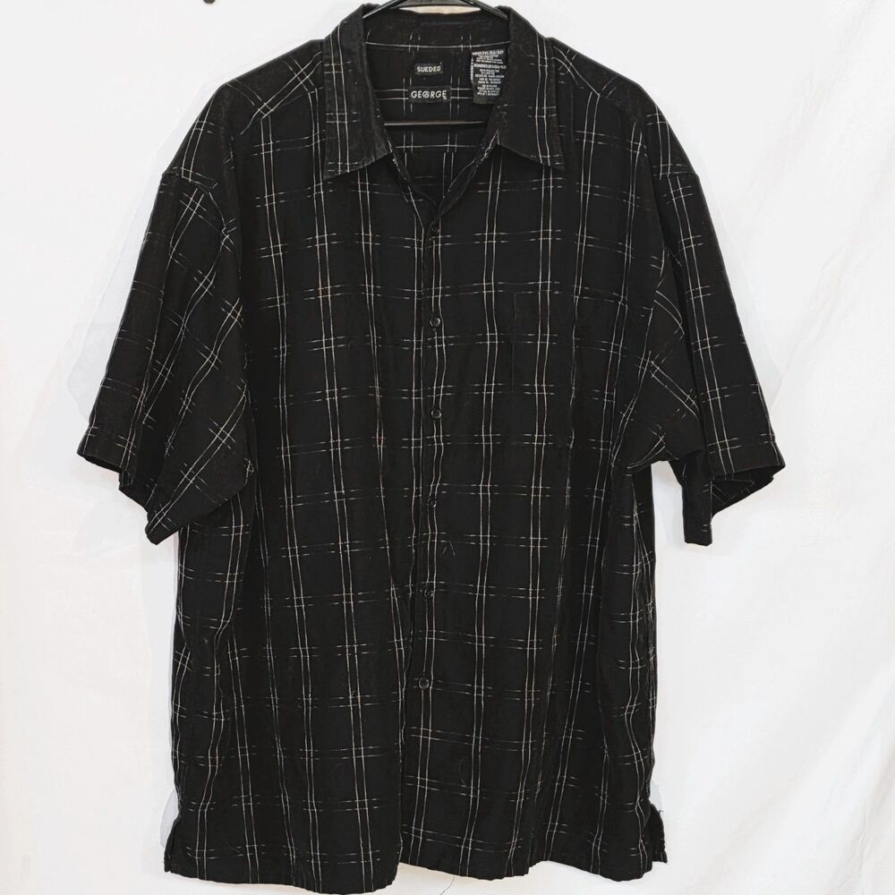 George Sueded Plaid Grid Short Sleeve Camp Shirt Black Men's Size XXL